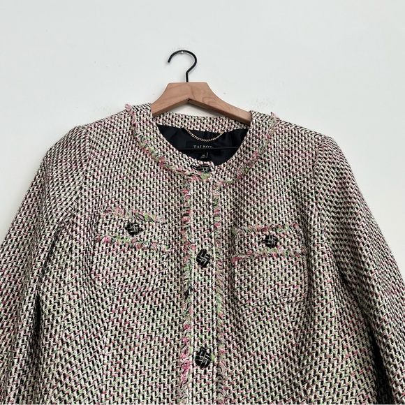 Talbots Jacket 10 Pink Green Neon Tweed Fringe Button Up Fray Edges Lined Coat - Picture 3 of 11